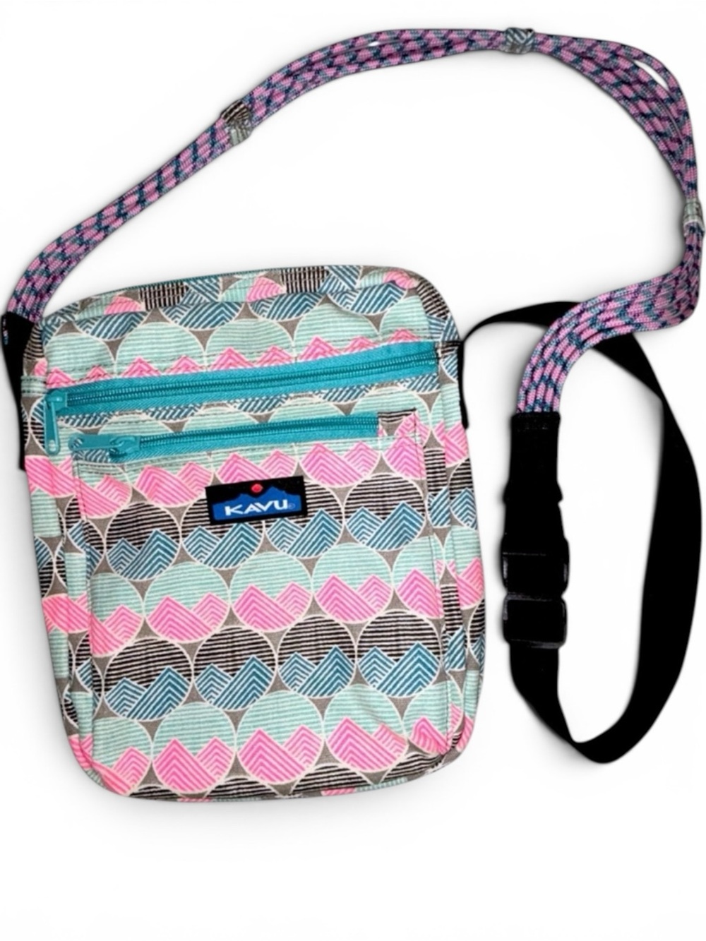 Kavu Zippit Crossbody Horizon Dots Pink Green Geometric Canvas Bag OS